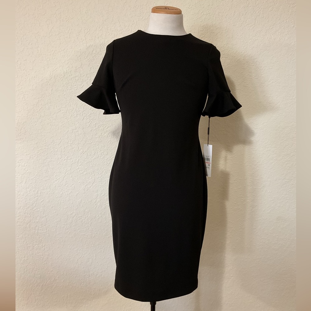 Calvin Klein Black Midi Dress with Crew Neck and Flutter Sleeves